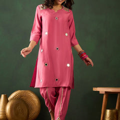 Floral Embroidered Mirror Work Straight Kurta With Dhoti Pant