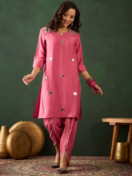 Floral Embroidered Mirror Work Straight Kurta With Dhoti Pant