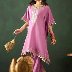 Yoke Design V-Neck Mirror Work Kaftan Kurta With Trousers