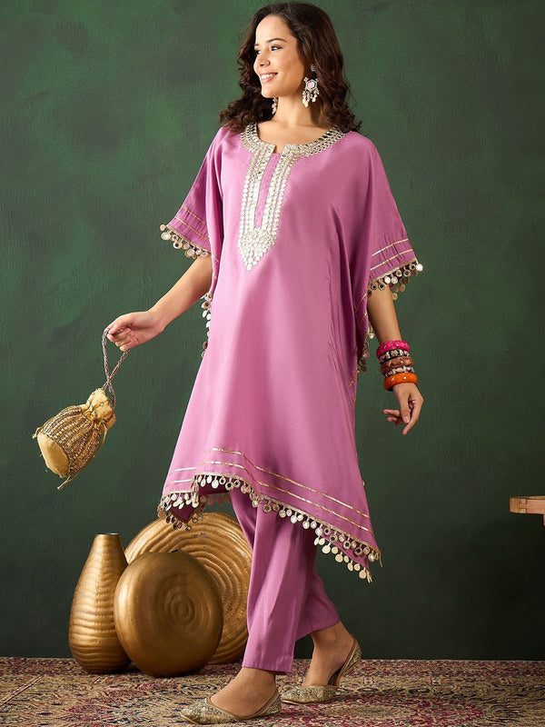 Yoke Design V-Neck Mirror Work Kaftan Kurta With Trousers
