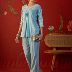 Embroidered V-Neck Tunic With Trouser Co-Ords Set