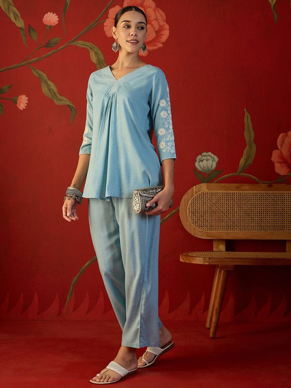 Embroidered V-Neck Tunic With Trouser Co-Ords Set