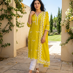 Yellow Embroidered Pure Cotton Straight Kurta With Trouser & Dupatta