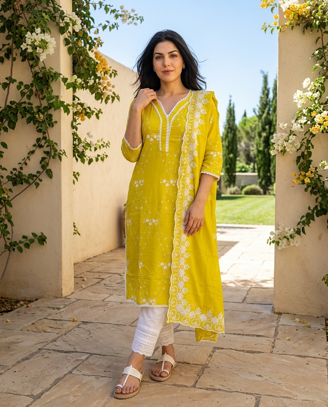 Yellow Embroidered Pure Cotton Straight Kurta With Trouser & Dupatta