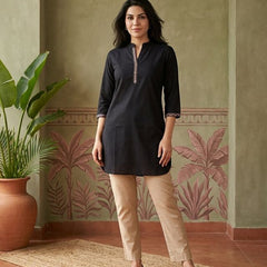 Black Floral Embroidered Straight Short Kurti