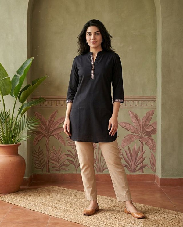 Black Floral Embroidered Straight Short Kurti