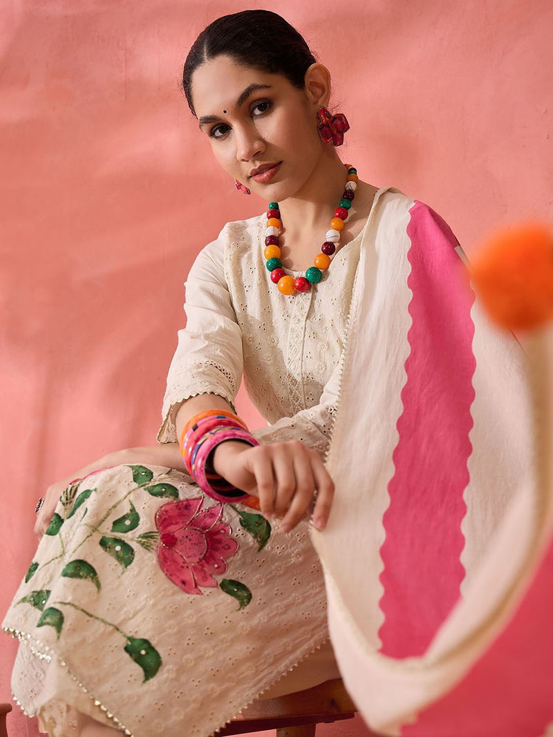 Off white Floral Embroidered Pure Cotton Kurta With Trouser And Dupatta