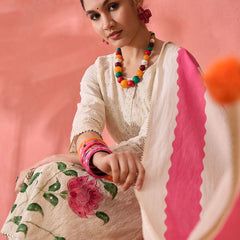 Off white Floral Embroidered Pure Cotton Kurta With Trouser And Dupatta