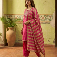 Floral Embroidered & Mirror Work Straight Kurta With & Farsi Salwar & Dupatta