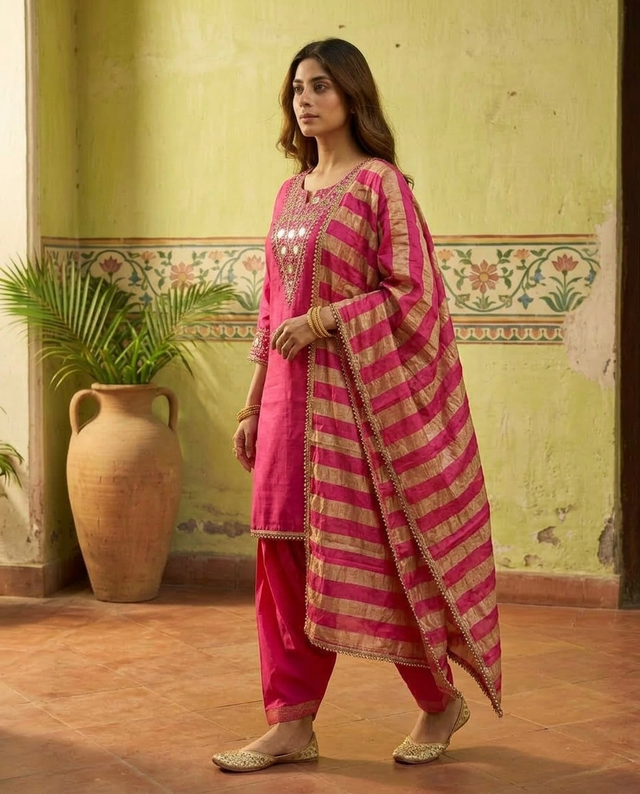 Floral Embroidered & Mirror Work Straight Kurta With & Farsi Salwar & Dupatta
