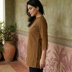 Brown Floral Embroidered Straight Short Kurti