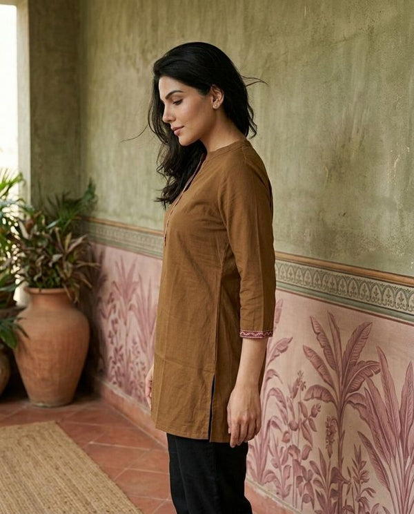 Brown Floral Embroidered Straight Short Kurti
