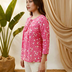 Pink Folka Dots Print Straight Kurtis
