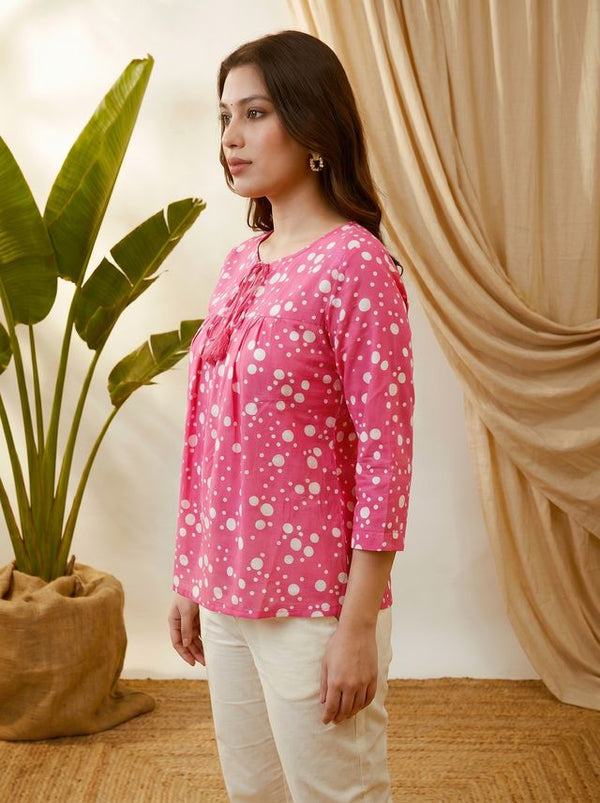 Pink Folka Dots Print Straight Kurtis