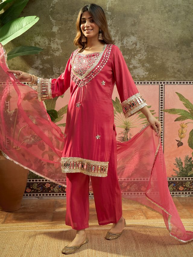 Pink Ethnic Motif Embroidered Kurta With Top & Trouser & Dupatta