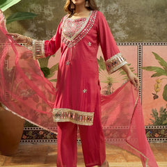 Pink Ethnic Motif Embroidered Kurta With Top & Trouser & Dupatta