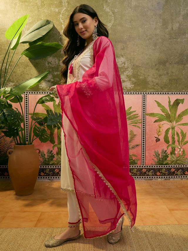 Floral Embroidered & Mirror Work Straight Kurta With & Trousers & Dupatta