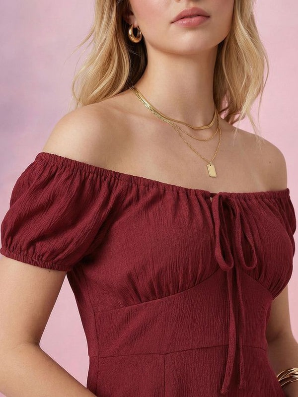 Maroon Off-Shoulder A-Line Midi Dress