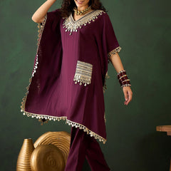 Burgundy Geometric Embroidered V-Neck Mirror Work Kaftan With Trousers