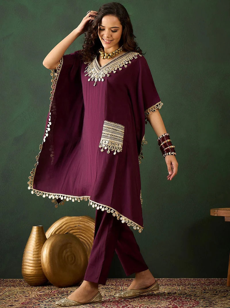 Embroidered  V-Neck Mirror work Kaftan With Trousers