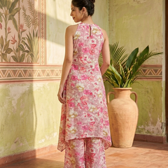 Floral Print Sleeveless Straight Kurta With Trousers