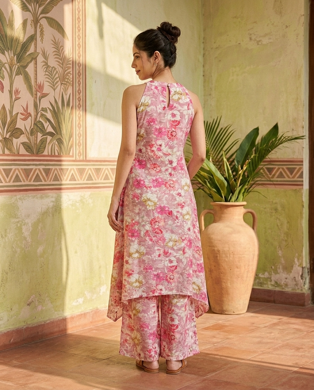 Floral Print Sleeveless Straight Kurta With Trousers