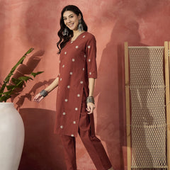 Floral Embroidered V-Neck Straight Pure Cotton Kurta With Trousers Plus Size Kurta Set