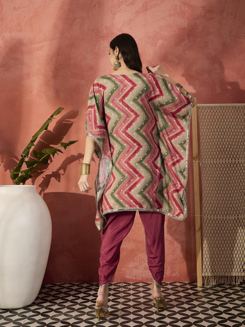 Chevron Printed Mirror Work V-Neck Kaftan Kurta Set