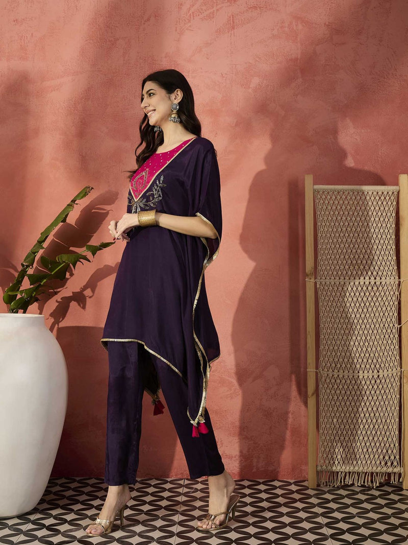 Burgundy Yoke Design Beads And Stones Round Neck Kaftan Kurta With Trousers