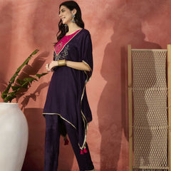 Burgundy Yoke Design Beads And Stones Round Neck Kaftan Kurta With Trousers