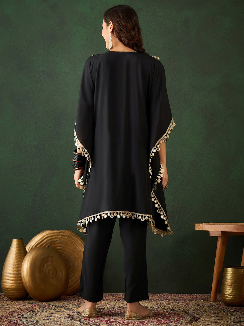 Embroidered  V-Neck Mirror work Kaftan With Trousers