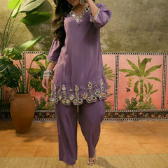 Purple Embroidered & Mirror Work Straight Tunic  With Trousers Co-Ords Set