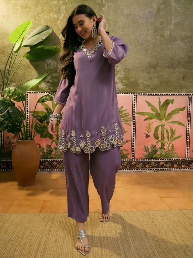 Purple Embroidered & Mirror Work Straight Tunic  With Trousers Co-Ords Set
