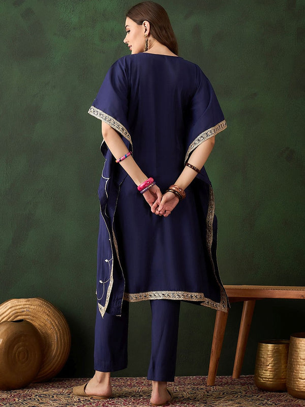 Floral Embroidered & Mirror Work Kaftan Kurta With Trousers