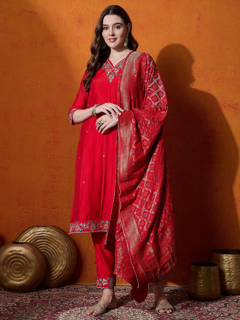 Floral Embroidered V-Neck Pure Silk Kurta With Trousers And Dupatta