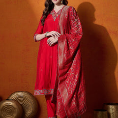 Floral Embroidered V-Neck Pure Silk Kurta With Trousers And Dupatta