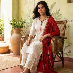 Floral Embroidered & Mirror Work Straight Kurta With & Trousers & Dupatta