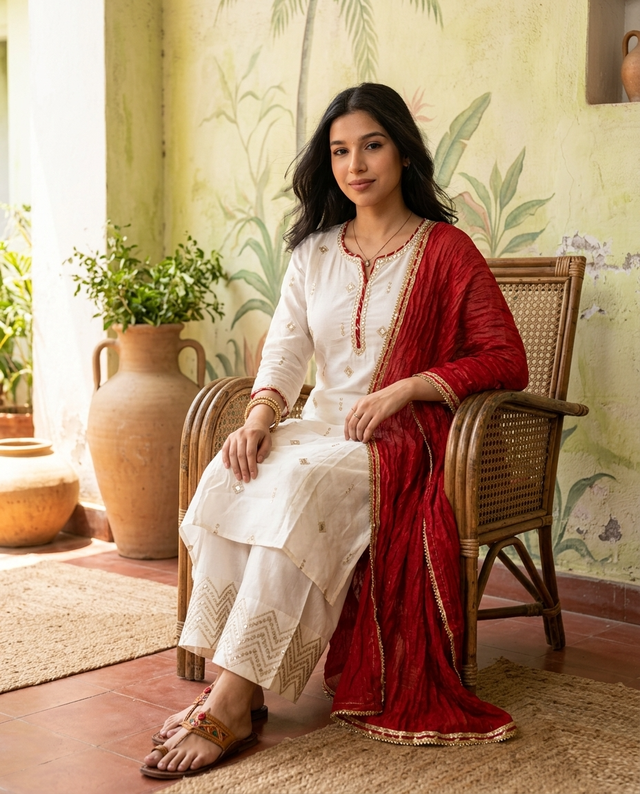 Floral Embroidered & Mirror Work Straight Kurta With & Trousers & Dupatta