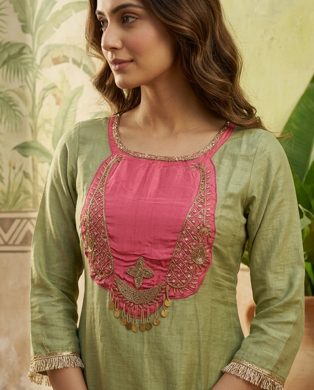 Floral Embroidered & Mirror Work Tunic With & Trouser
