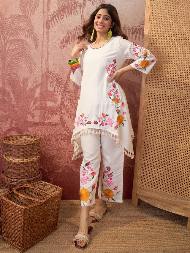 White Floral Embroidered Tunic With Trouser Co-Ords Set