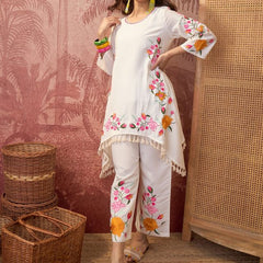 White Floral Embroidered Tunic With Trouser Co-Ords Set