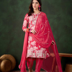 Floral Embroidered Round Neck Kurta With Dhoti Pants And Dupatta