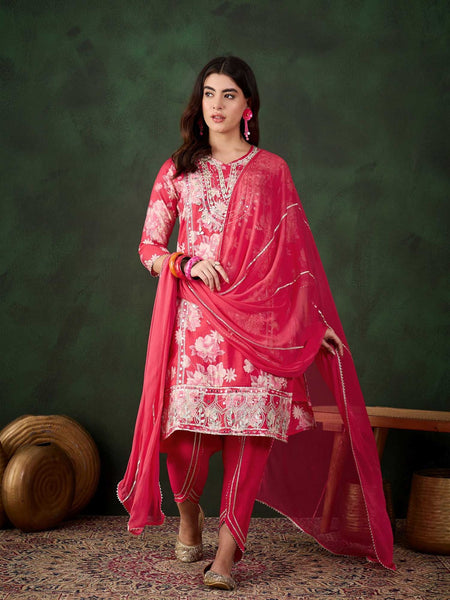 Floral Embroidered Round Neck Kurta With Dhoti Pants And Dupatta