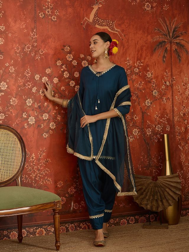 Teal Embroidered Straight Kurta With Farsi Salwar & Dupatta