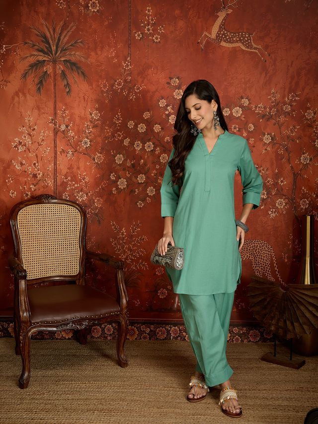 Elaichi Green Mandarin Collar Pure Cotton Tunic With Trousers Kurta Set