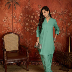 Elaichi Green Mandarin Collar Pure Cotton Tunic With Trousers Kurta Set