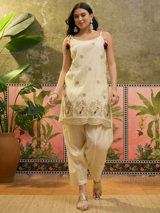 Off White Embroidered & Sequin Work Shoulder Straps  Kurta With Trouser & Dupatta Kurta Set