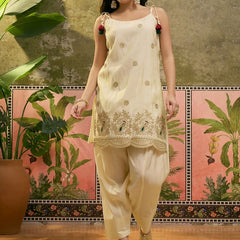 Off White Embroidered & Sequin Work Shoulder Straps  Kurta With Trouser & Dupatta Kurta Set