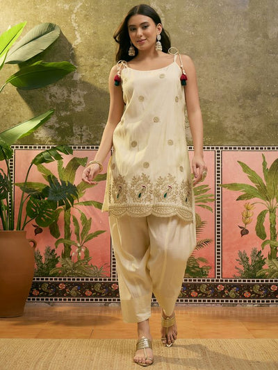 Off White Embroidered & Sequin Work Shoulder Straps  Kurta With Trouser & Dupatta Kurta Set