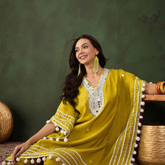 Green Geometric Embroidered Mirror Work Roman Silk Kurta With Trouser